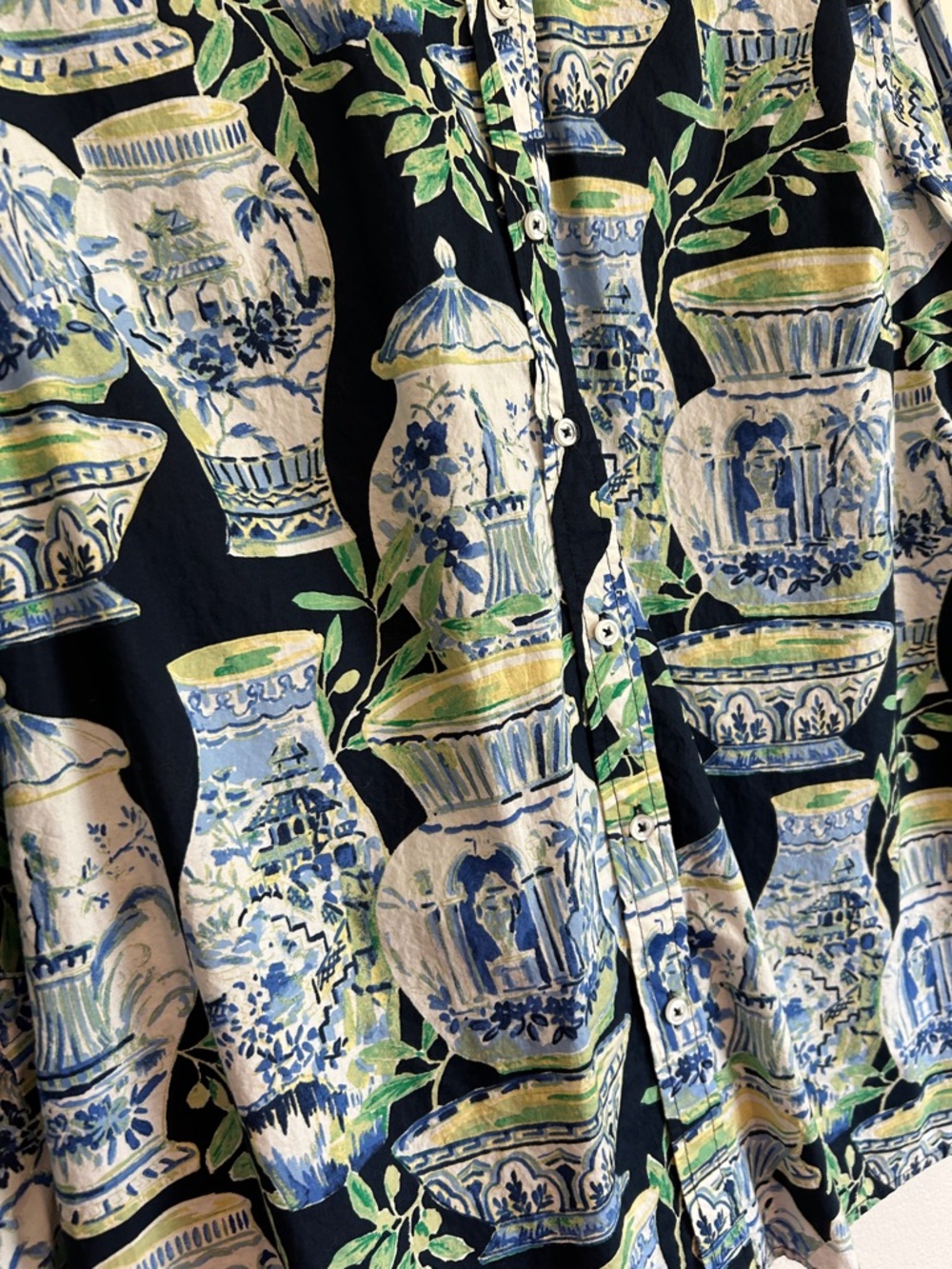Talbots Navy Button-Front Shirt with Blue, White & Green Vase Print - Picture 4 of 7